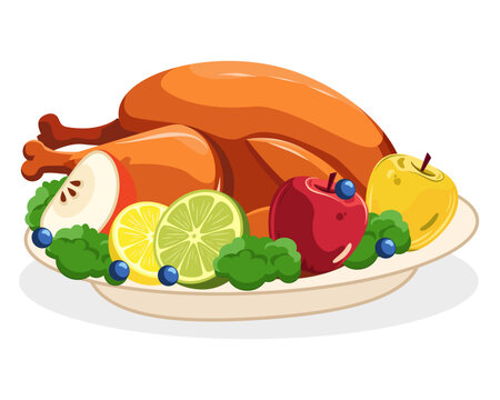Roast turkey on a platter with fresh fruits and berries.  Illustration for holiday table, thanksgiving, Christmas, birthday. Collage for web design. Cooking.