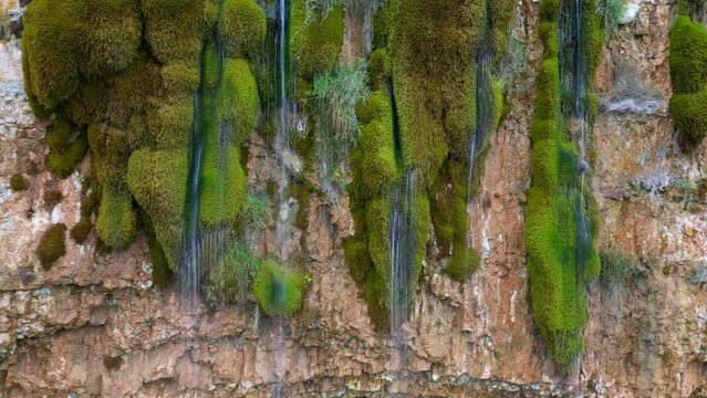 Waterfall on Atlantic ocean sea coast, beach. Beautiful epic nature landscape,  La Roche qui Pleure, Normandy, France, Drone Aerial view Travel destination, cascade