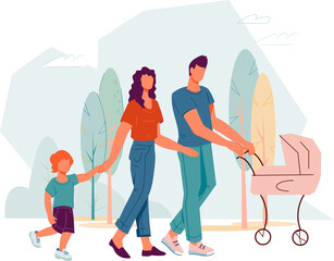 Young family with child boy and baby in stroller walking in park, flat cartoon  illustration. Family walking together.