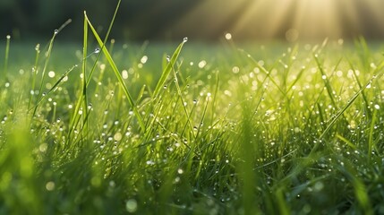 Drops of dew on green grass. Generative AI