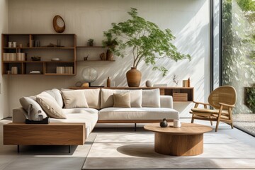Contemporary living room interior with designer furniture and soft natural lighting, modern home decor
