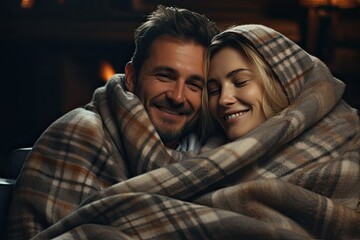 Cozy indoor scene of a couple sharing a warm embrace while enjoying a movie night, comfort and love