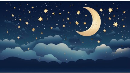 Obraz na płótnie Canvas A charming Eid greeting card, showcasing a moonlit night sky theme, with a large blank area for a special message.