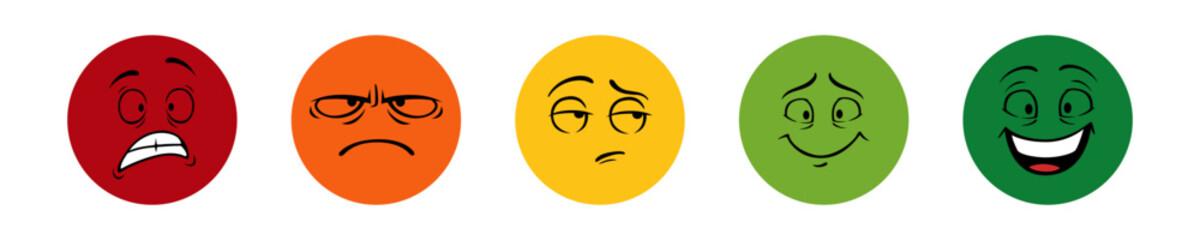 Color round faces emotions set. Characters with red anger and yellow surprise expressing disbelief and green joy with comic book vector design