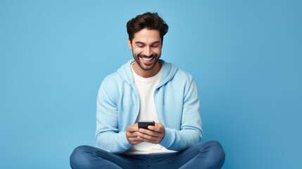Young guy smiling holding a smartphone sitting on a blue background - Powered by Adobe