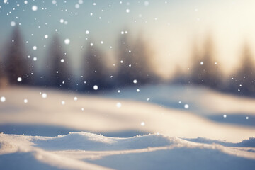 Beautiful blurred background image of a landscape with light snowfall falling over of snowdrifts