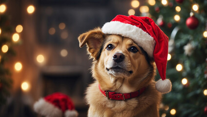 dog wearing santa hat on blurry christmas tree background - obrazy, fototapety, plakaty