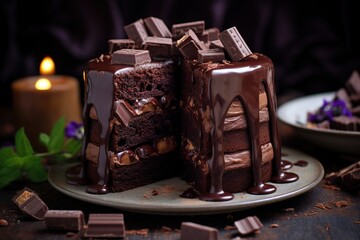 Chocolate cake with chocolate bars on wooden table