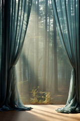 Blue tulles, curtains with beautiful nature view