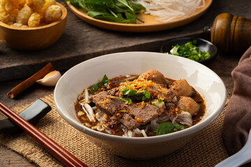 Thai Boat Noodle Soup, Thailand's most famous rice noodle broth with pork blood (Kuaytiaw Reua)