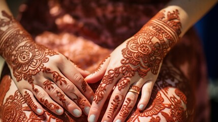 A close-up of intricate henna designs on hands, symbolizing Eid ul Fitr celebrations, without showing any part of the human body. - obrazy, fototapety, plakaty