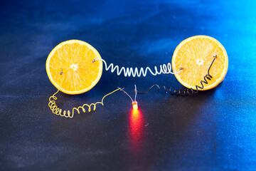 Free energy electricity generator using oranges in blue light.