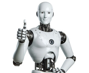 Smiling, Human-Like Robot Giving Thumbs-Up, Humanoid Robot Approving Thumbs Up