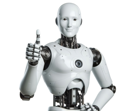 Smiling, Human-Like Robot Giving Thumbs-Up, Humanoid Robot Approving Thumbs Up