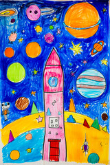 Drawing of rocket ship with planets around it and dog.