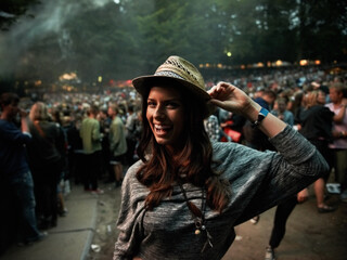 Excited woman, portrait and night at music festival party, event or outdoor DJ concert. Happy...