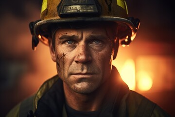 Obraz premium Portrait of a fireman with blood on his face. Burning fire at the background. AI Generated