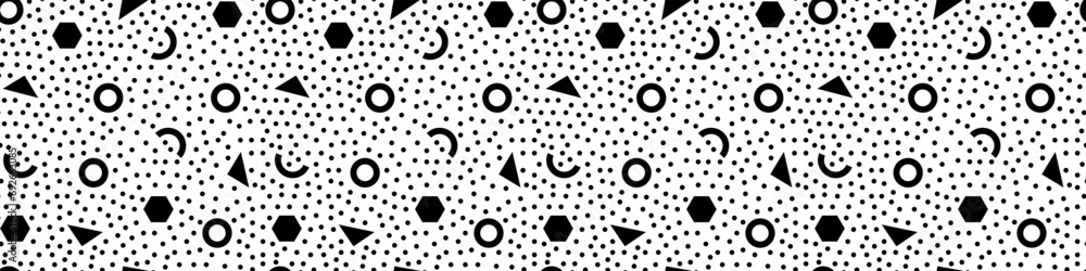 Poster geometric memphis triangle and circle seamless pattern. black and white simple dots design with repe
