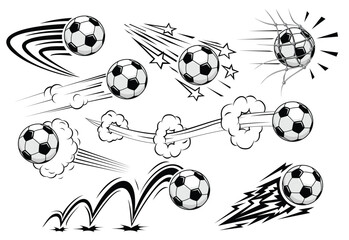 Soccers football balls fly at high speed. Vector on transparent background in comic style 