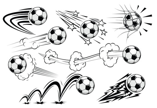 Soccers football balls fly at high speed. Vector on transparent background in comic style 