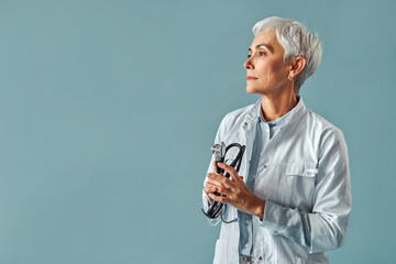 Beautiful confident mature gray haired doctor woman medic in white medical coat standing at light blue background looking to side holding stethoscope in hands. Treatment and health care.