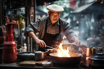 Happy Asian chef cooking traditional food on open fire in street market