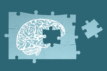 Brain white jigsaw puzzle with copy space on background, missing piece of brain puzzle,...