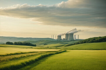 Fototapeta na wymiar Nuclear power plants and cooling towers in a panorama of lush green grass fields