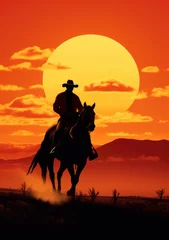 Fotobehang silhouette of cowboy riding his horse in red sky and sunset,  © Alina Zavhorodnii