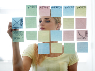 Woman, writing on sticky notes and glass wall with schedule, serious and planning. Copywriter,...