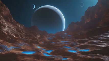Abstract background of a unique fantasy space with blue moon, land view with mountains