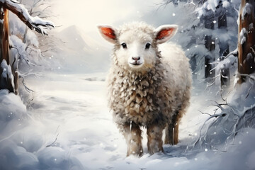 Fototapeta premium Cute Sheep Illustration in Snow
