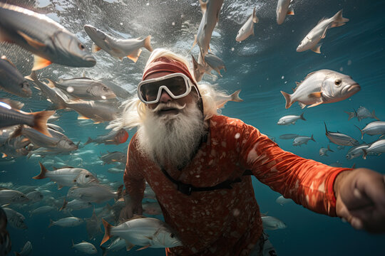 Fantasy art of Santa Claus scuba diving, snorkeling, extreme sport, swim with fish. Father Christmas, Saint Nicholas, Saint Nick, Kris Kringle, fun adventure