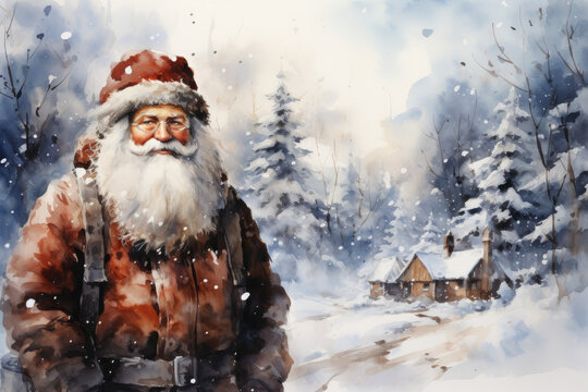 Digital Watercolor Painting of Santa Claus fornt of a House