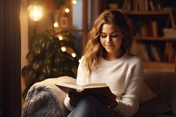 Obraz premium Winter Tales Young Woman Immersed in a Cozy Home, Reading Blissfully During the Holiday Season, Creating a Haven of Seasonal Tranquility. created with Generative AI
