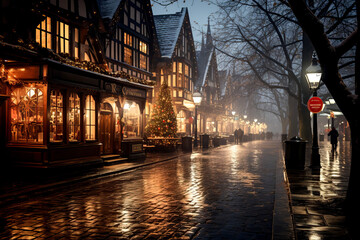 Naklejka premium Winter cityscape snow covered streets lined with historical buildings adorned with festive lights and decorations
