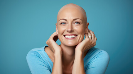 Joyful bald woman cancer patient , smiling confidently at the camera - obrazy, fototapety, plakaty