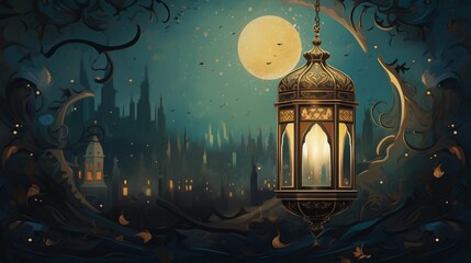 A festive Eid ul Fitr card design, featuring a lantern and moon scene, with a dedicated space for Eid greetings. - obrazy, fototapety, plakaty