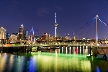 Auckland. New Zealand. The city skyline. View from Viaduct Harbour at sunset