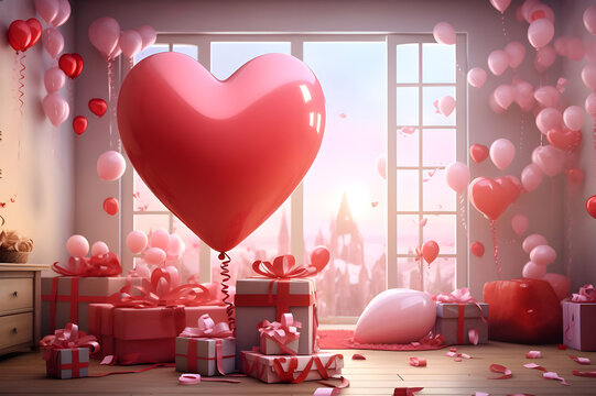 Valentines day background with heart pattern, gift boxes, balloons, Gift Cards and Love party - Ai Generated
