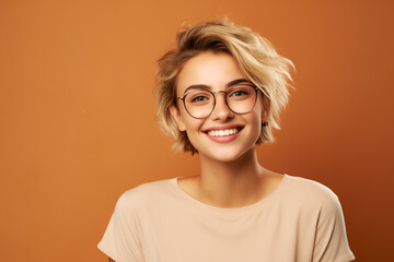 Retrato de joven rubia Gen Z sonriente, estudiante universitaria feliz con gafas y cabello rubio corto en fondo beige. Versátil para conceptos de educación, estilo de vida joven y profesionales.