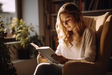 Winter Tales Young Woman Immersed in a Cozy Home, Reading Blissfully During the Holiday Season, Creating a Haven of Seasonal Tranquility. created with Generative AI