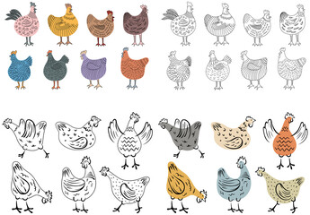 Set of hand-drawn doodle hen. Chicken illustration isolated on white. Colorful isolated domestic birds hand drawn.