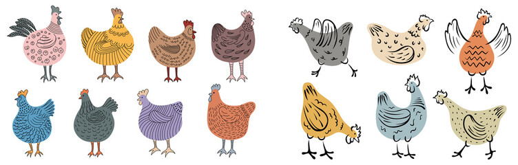 Set of hand-drawn doodle hen. Chicken illustration isolated on white. Colorful isolated domestic birds hand drawn.