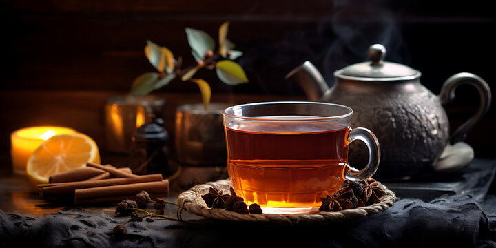 Steaming Cup of Classic Black Tea, Close-up Shot, Autumn hot black tea in glass cup old wooden table background, Cup of tea on a table with autumn theme