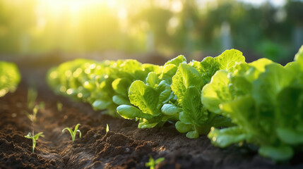 Rows of lush green lettuce growing in rich soil on a farm, with sunlight highlighting the fresh leaves.