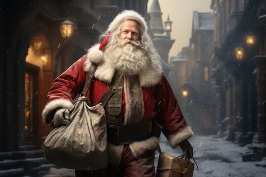 Cinematic picture of Santa Claus carrying bags of Christmas gifts through the streets of an old town. AI Generated