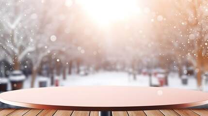 Empty wooden tabletop with a frosty winter landscape and sunrise in the distance - obrazy, fototapety, plakaty