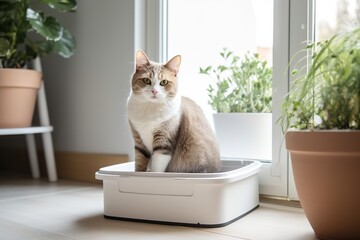 Cat defecates into plastic litter box at home - obrazy, fototapety, plakaty