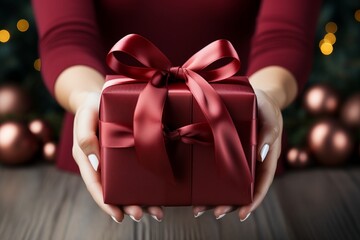 Hands offering a maroon gift box tied with a satin bow, set against a festive backdrop, embodying the spirit of giving.